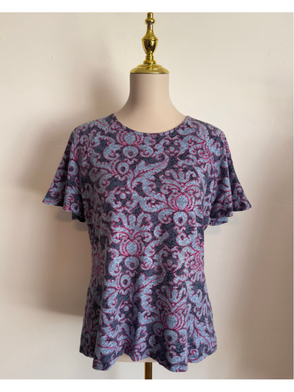 Women's Denim & Co. Short Sleeve Tee Size S Blue Pink Paisley Print